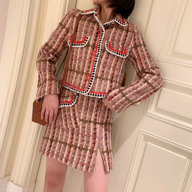 Твидовый комплект из 2 предметов высокого качества Осенний дизайнерский розовый