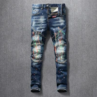 american street fashion men jeans retro dark blue elastic painted designer slim jeans men spliced hip hop punk denim biker pants
