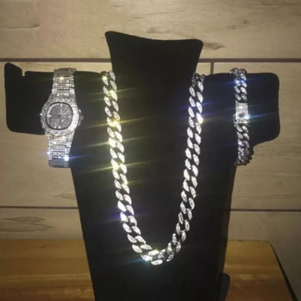 

Silver Color Necklace +Watch+Bracelet Hip Hop Miami Curb Cuban Chain Iced Out Paved Rhinestones CZ Bling Rapper For Men Jewelry
