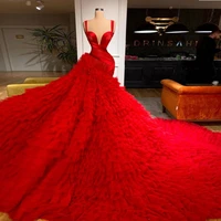 red spaghetti satin and tulle evening gowns tiered puffy sweep train prom dresses zipper back ruffles mermaid party dress robe