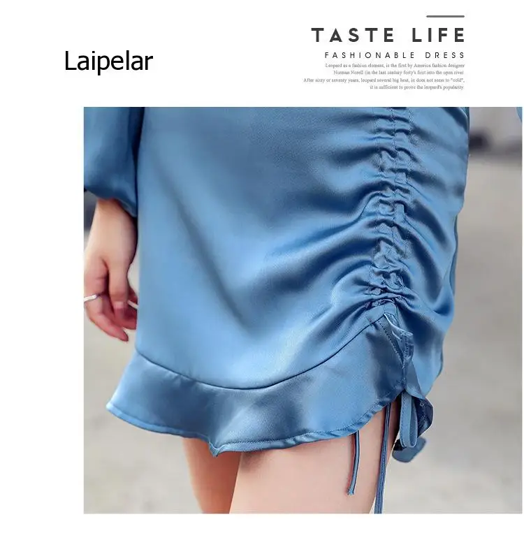 

New High Waist V-Neck Drawstring Long Sleeve Sexy Blue Slik Peach Hip Dress Autumn Winter 2021