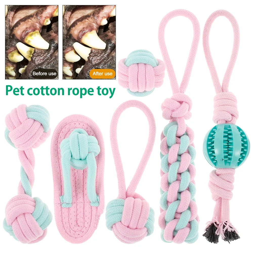 

6Pcs Interactive Puppy Chew Teething Toy Set Dog Teeth Clean Cotton Rope Tough Strong Knot Ball Pet Supplies For Outdoor Traning