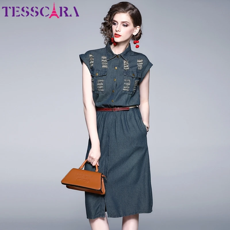 Женское джинсовое платье TESSCARA элегантное винтавечерние ное вечернее без рукавов