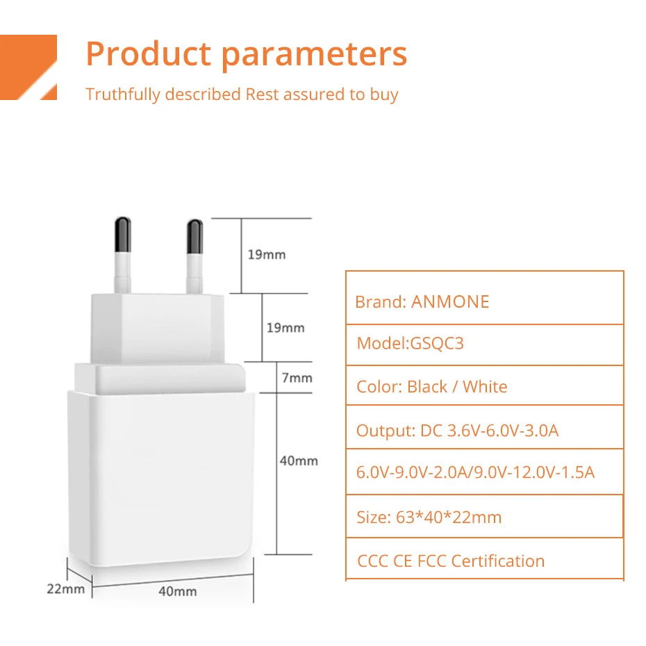 ANMONE 18 Вт QC3.0 USB зарядное устройство Быстрая зарядка 3 0 Быстрый телефонный адаптер
