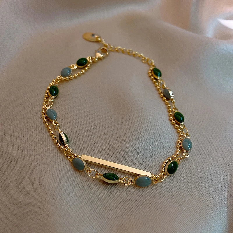 

French Retro Romantic Double Metal Gold Bracelet For Woman 2020 New Fashion Jewelry Party Unusual Oval Green Crystal Bracelet