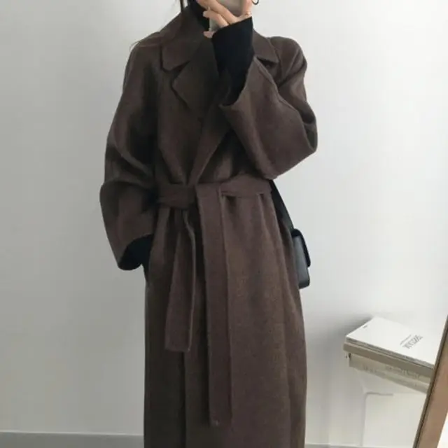 

Винтажное длинное теплое шерстяное пальто, женское элегантное теплое осенне-зимнее пальто с поясом, Клетчатая Шерстяная куртка в стиле рет...