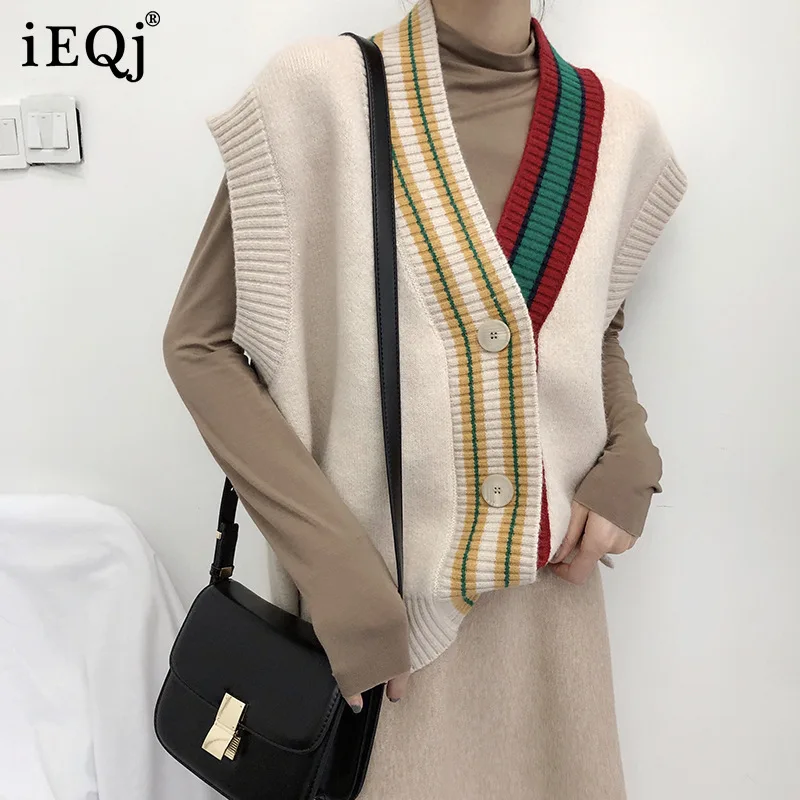 

IEQJ 2021 новая осенне-зимняя модная женская одежда без рукавов полосатый вязаный однобортный Кардиган WT16203 свободного размера