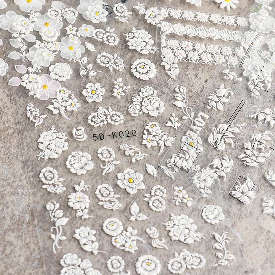 

5D Embossed Stickers for Nails White Blossom Flowers Leaf Vine Nail Art Decals Gel Polish Foils Sliders Tattoo Manicure TR5D-K-1