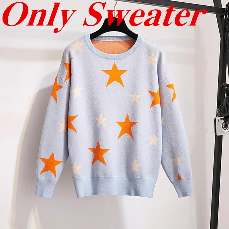 Only Sweater Высокое качество свитер и джинсовые штаны женский комплект 2 шт. мода плюс размер Звезды жаккард джемпер Топы и отверстие карандаш джинсы костюм - Цвет: Only Sweater