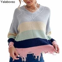 womens 2021 autumn new long sleeve bottomed color stripe printing v neck knitted hole sweater ladies tops female clothes