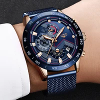 lige 2022 new blue mesh belt waterproof quartz wrisa watch for men business big dial waterproof clock man sport chronographbox