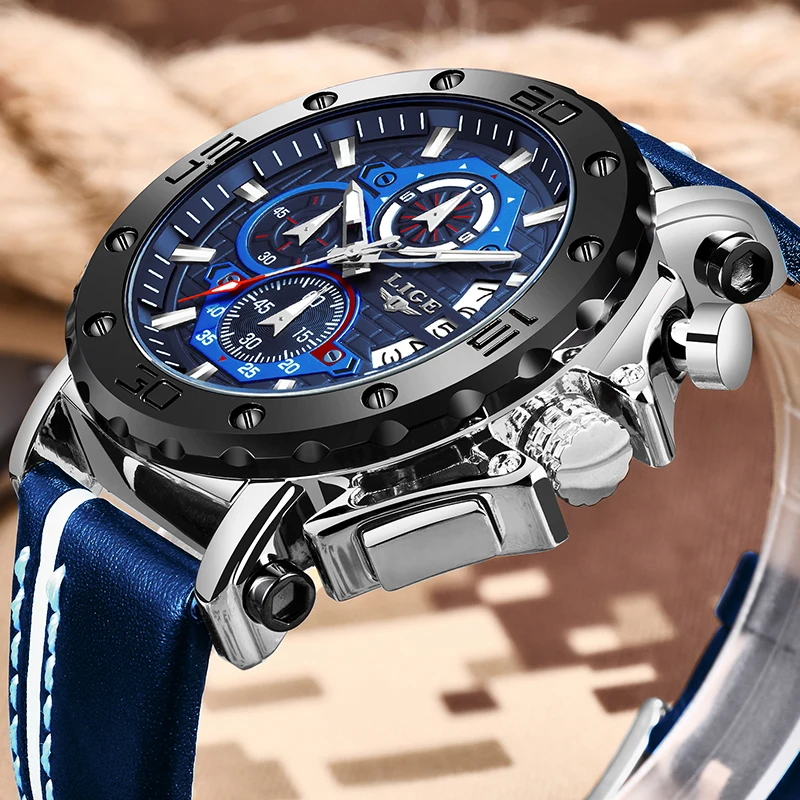 

2020 LIGE New Mens Watches Top Brand Luxury Big Dial Military Quartz Watch Leather Waterproof Sport Wrist watch Men Reloj Hombre