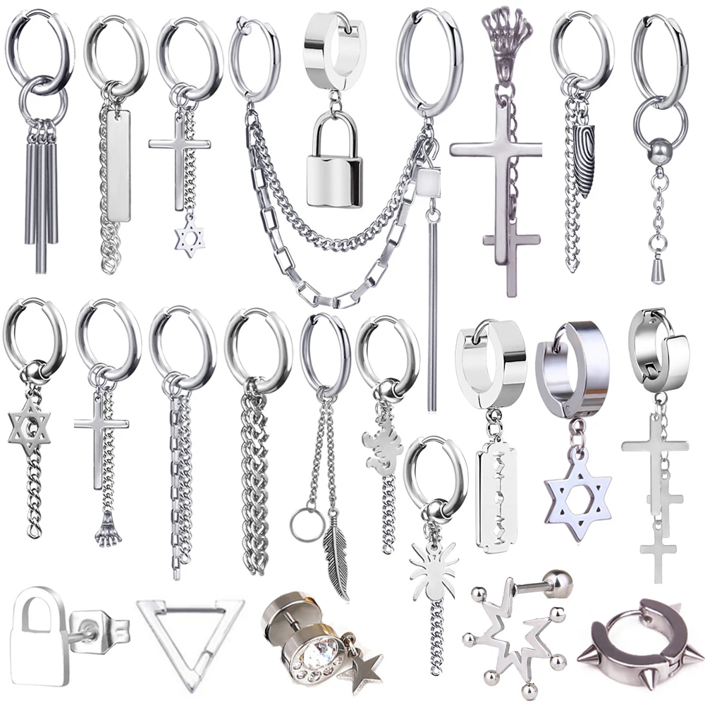 

Korea Popular Hip Hop kpop boys Stud Earrings Fashion Leaf Cross Stainless steel Pendant Earrings jewelry for men women