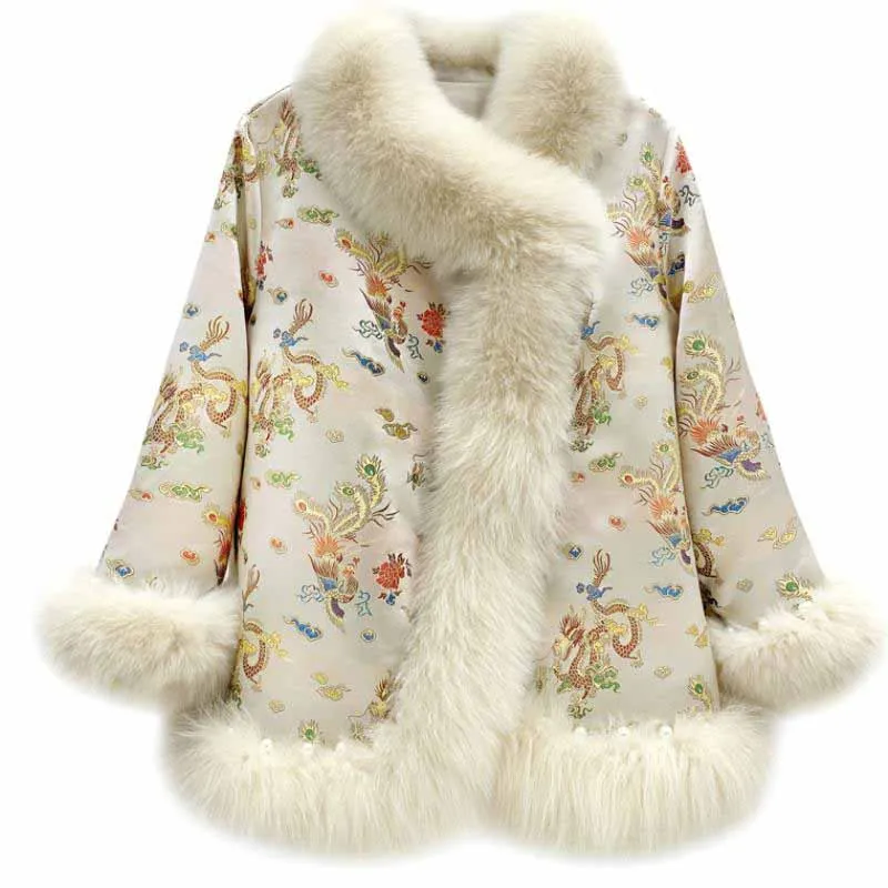 

2022 New Chinese Style Lady Elegant Imitation Fox Fur Overcoat Cloak Shawl Fur Coat Women Thicken Warm Winter Women Jacket G053