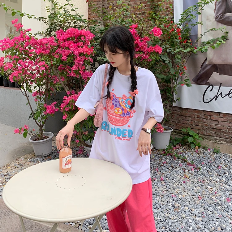 

YTX1381 Design niche summer Korean version of 2021 new loose mid-length print short-sleeved bear T-shirt