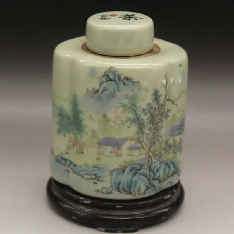 

Collect Chinese Famille-rose Porcelain Mountains Rivers Landscape Tea Caddy Pot