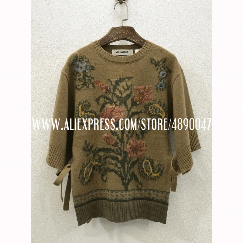 

2021 women's catwalk lace-up side sleeve knit sweater paisley jacquard pullover sweater wool and cashmere soft material sweater