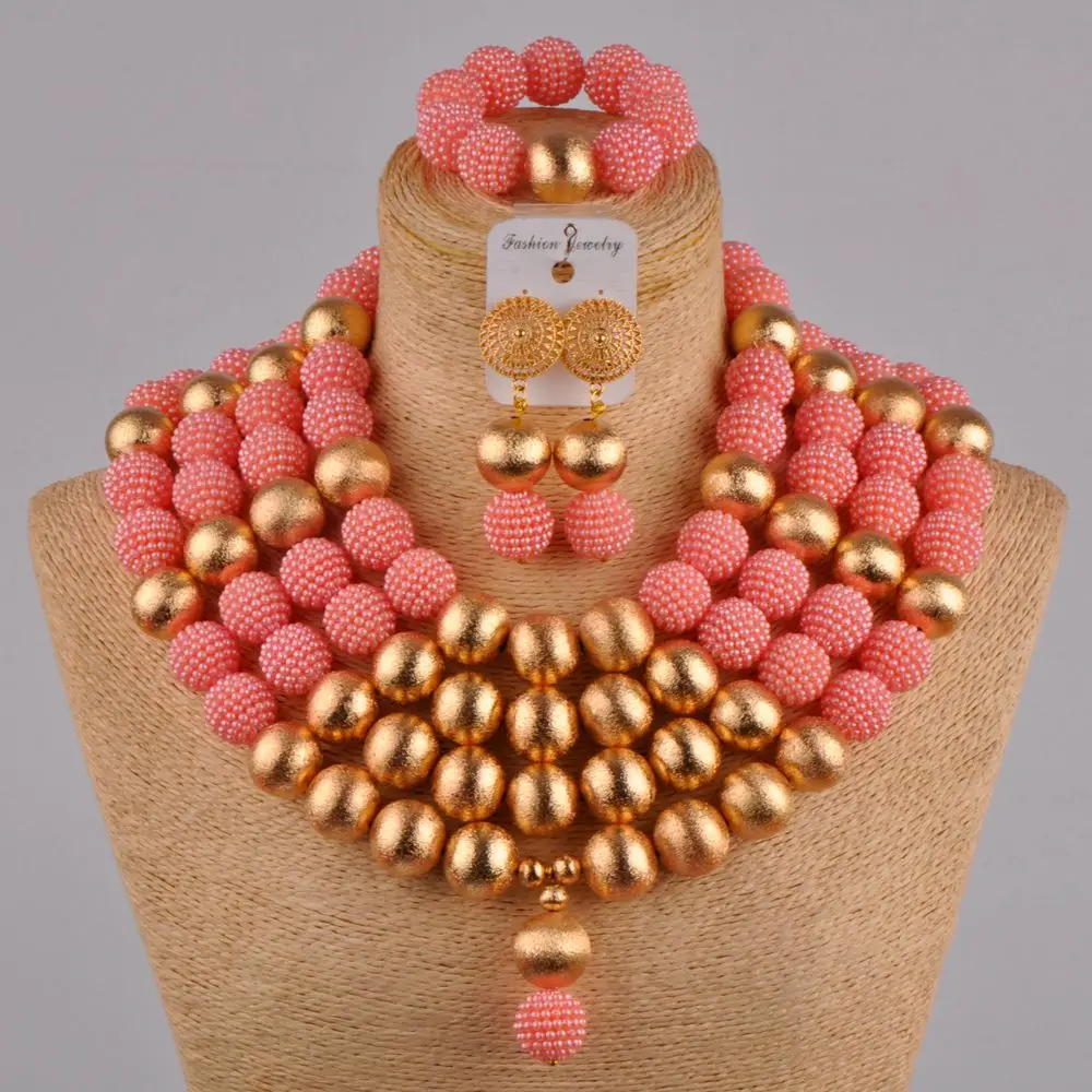 

peach jewelry set simulated pearl african wedding beads nigerian necklace set jewelry for women FZZ33