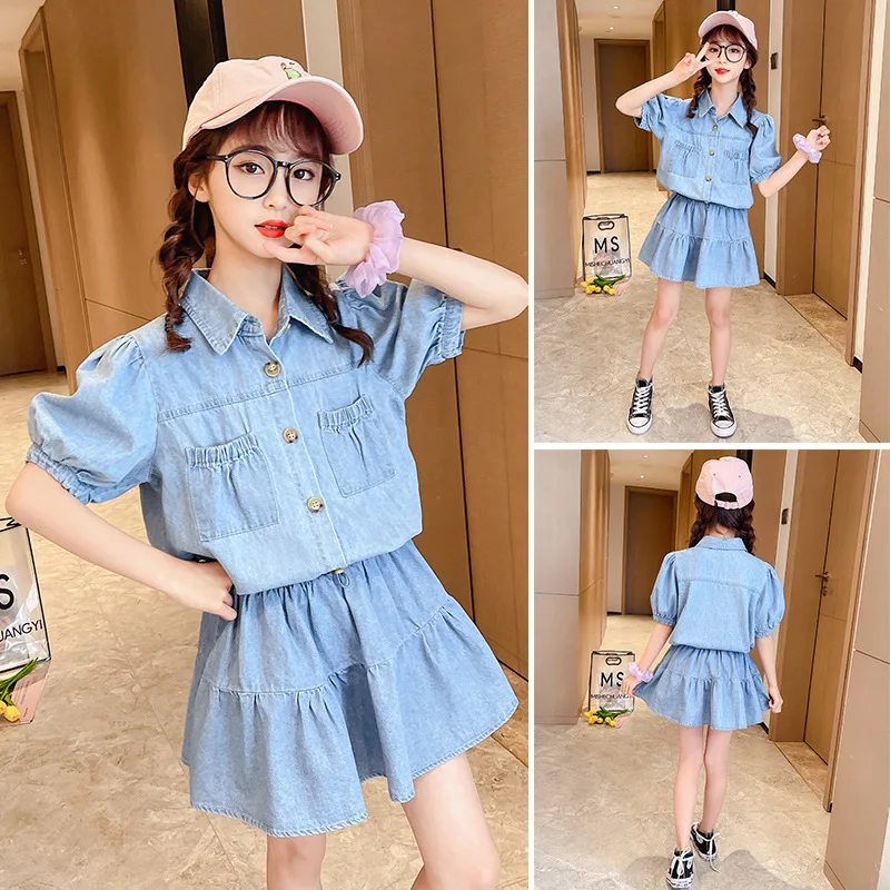 

Teen Girls Clothing Set Short Sleeve Denim Jacket Shorts Two Pieces 2021 Summer Fashion Cool School Kids Tracksuit Child Outfits