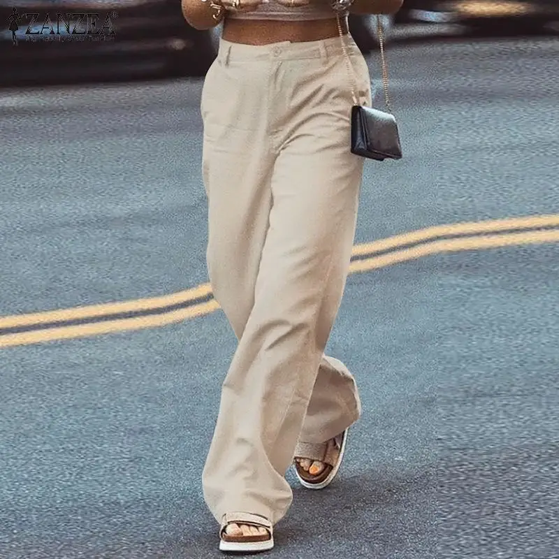 

ZANZEA 2021 Elegant Women Straight Leg Work Pants Femme Casual Cotton Pantalon Lady Pocket Elastic Waist Street Trousers Palazzo