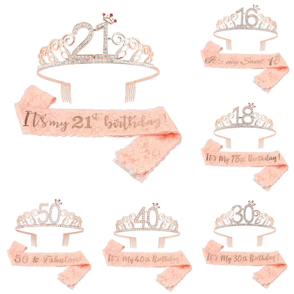 

Rose Gold Birthday Tiara Crown Lace Sash Set for Women Girl Sweet 16th 18th 21st 30th 40th 50th 60th Birthday Party Decoration