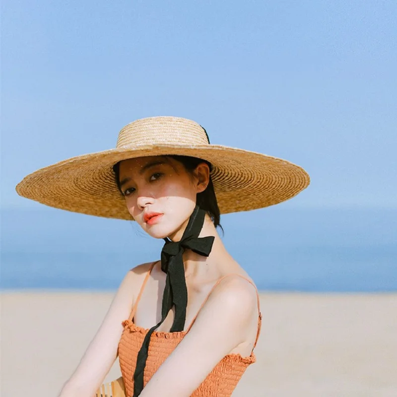 Summer Big Natural Wheat Straw Hats For Women Handmad Wide Brim Beach Visor Caps Elegant Flat Top Long Ribbon Lace-Up Sun Hat | Аксессуары