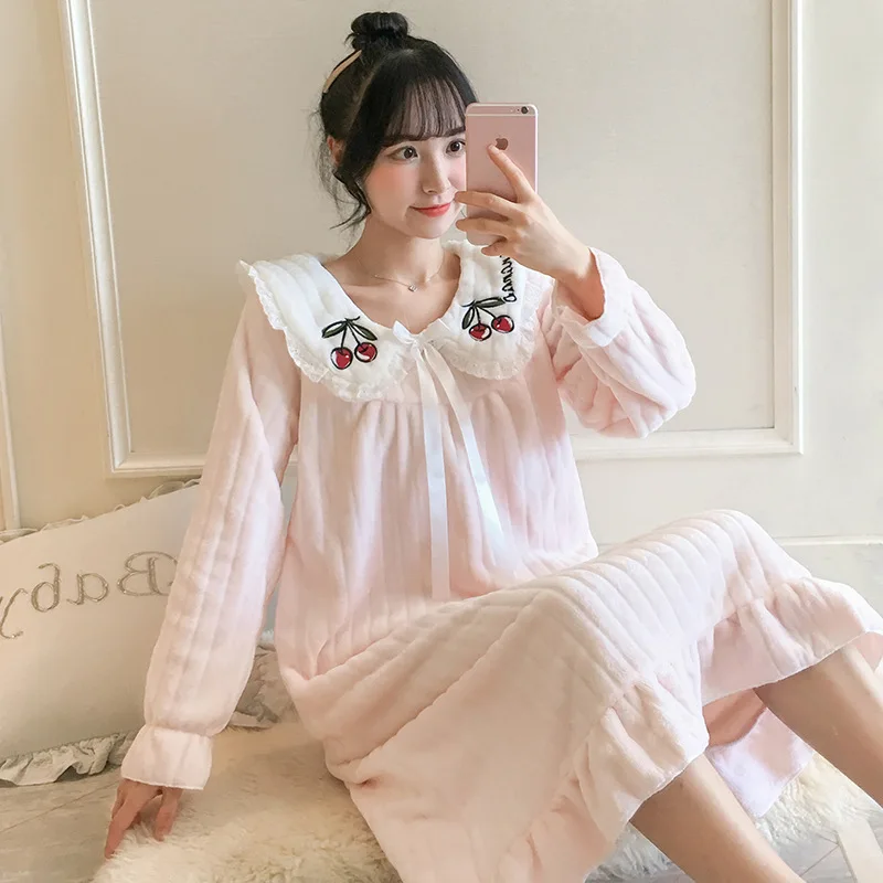 

Winter Women Sleepshirts Thick Velvet Nightgowns Dress Sleepwear Nighties Sexy Luxury Homewear Blue Embroidery Flannel