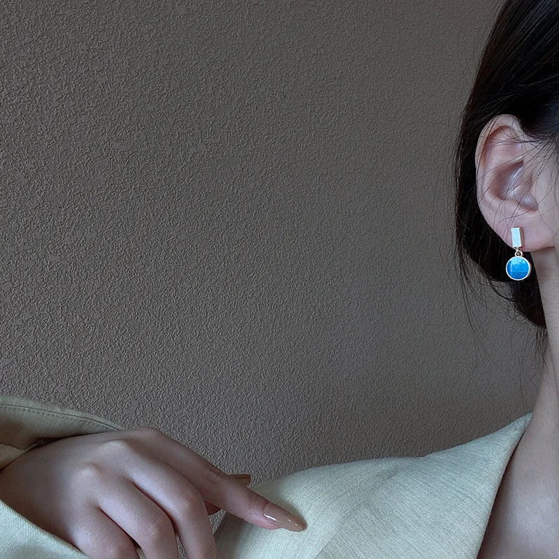 

Korean Blue Geometric Acrylic Earrings Round Opal Pendant Hanging Dangle Earrings 2021 Trendy Jewelry For Women