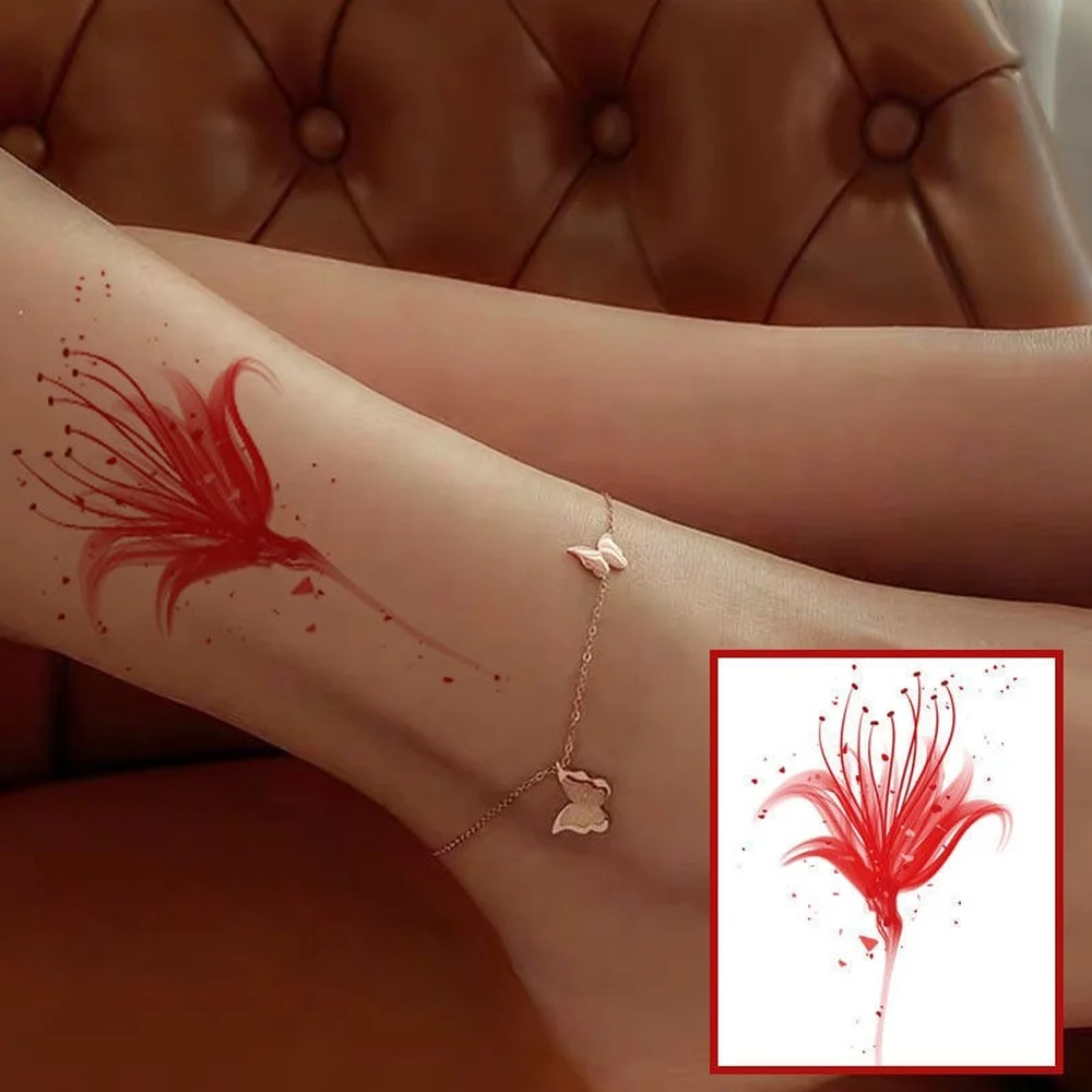 Water Transfer Red Bian Flower Temporary Tattoo Sticker Butterfly Body Art Waterproof Body Art  Arm Tatto Fake Tattoo for Woman