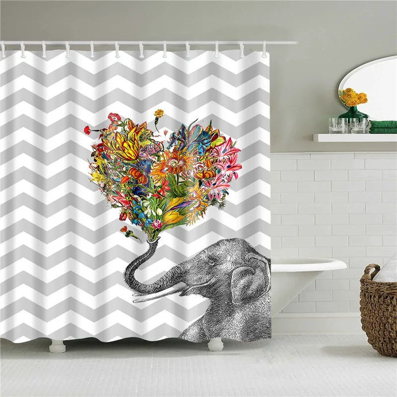 C0409 Animals Elephant Shower Curtains Pattern Bathroom Curtain Set Nordic Polyester Bath Screens Waterproof With Hooks - Цвет: C0409
