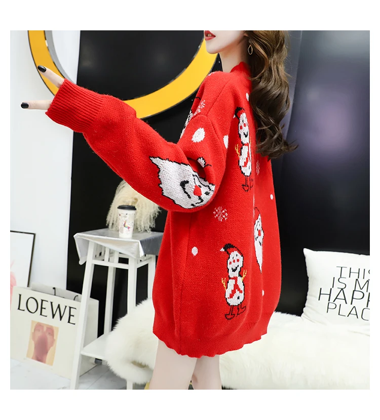 Женский Рождественский свитер H.SA красный свободный с рисунком снежного человека