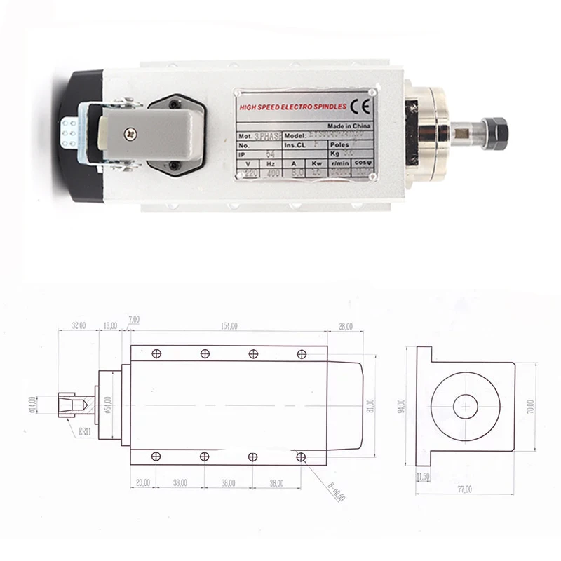 Новый квадратный шпиндель с воздушным охлаждением CNC 220 кВт 110 В/1500 В ER11 Вт