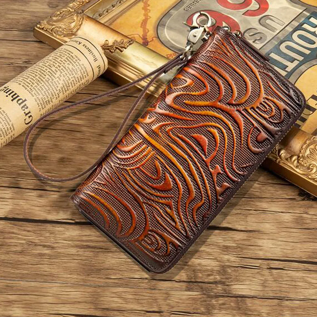 

Genuine Leather Women Purse Handy Clutch Money Bag ID Card Holder Embossed Retro Natural Skin Long Wallet Coin Wrist Bag