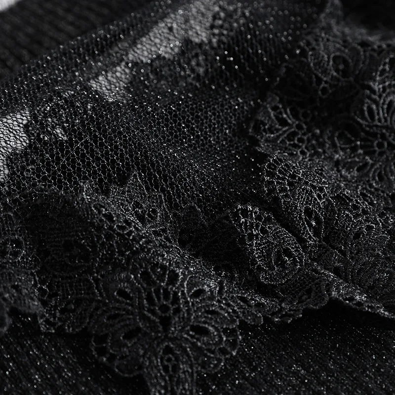 

High Quality Knitted Dress 2020 Spring Women Sexy Sheer Mesh Patchwork Ruffle Deco 3/4 Sleeve Mid-Calf Long Sweater Dress Grey