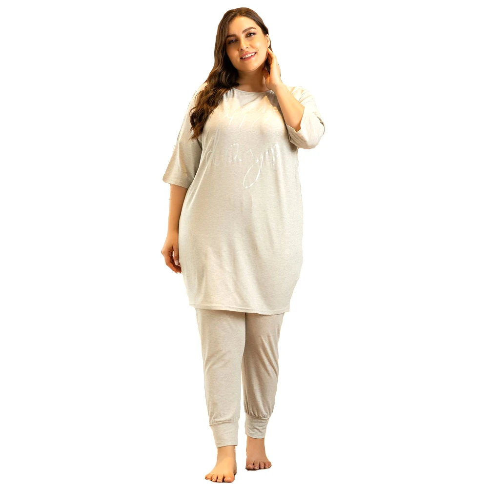

2021 Plus Grey Modest Female Large Size Women Top&Long Pants 2-piece Set Home Confortable Pyjamas Night Suit European Clothes