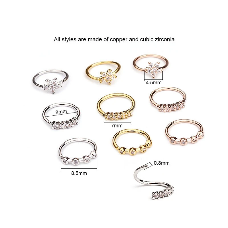 

H:HYDE 1PC Gold Color 20gx8mm Nose Piercing Jewelry Cz Nose Hoop Nostril Ring Flower Helix Cartilage Tragus Earring