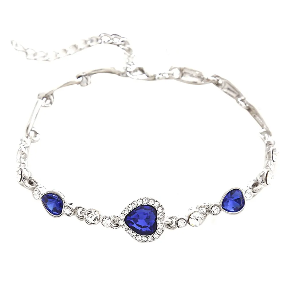 

Valentine's Day Women Ocean Blue Crystal Rhinestone Heart Bangle Bracelet Stainless Steel Jewelry Woman