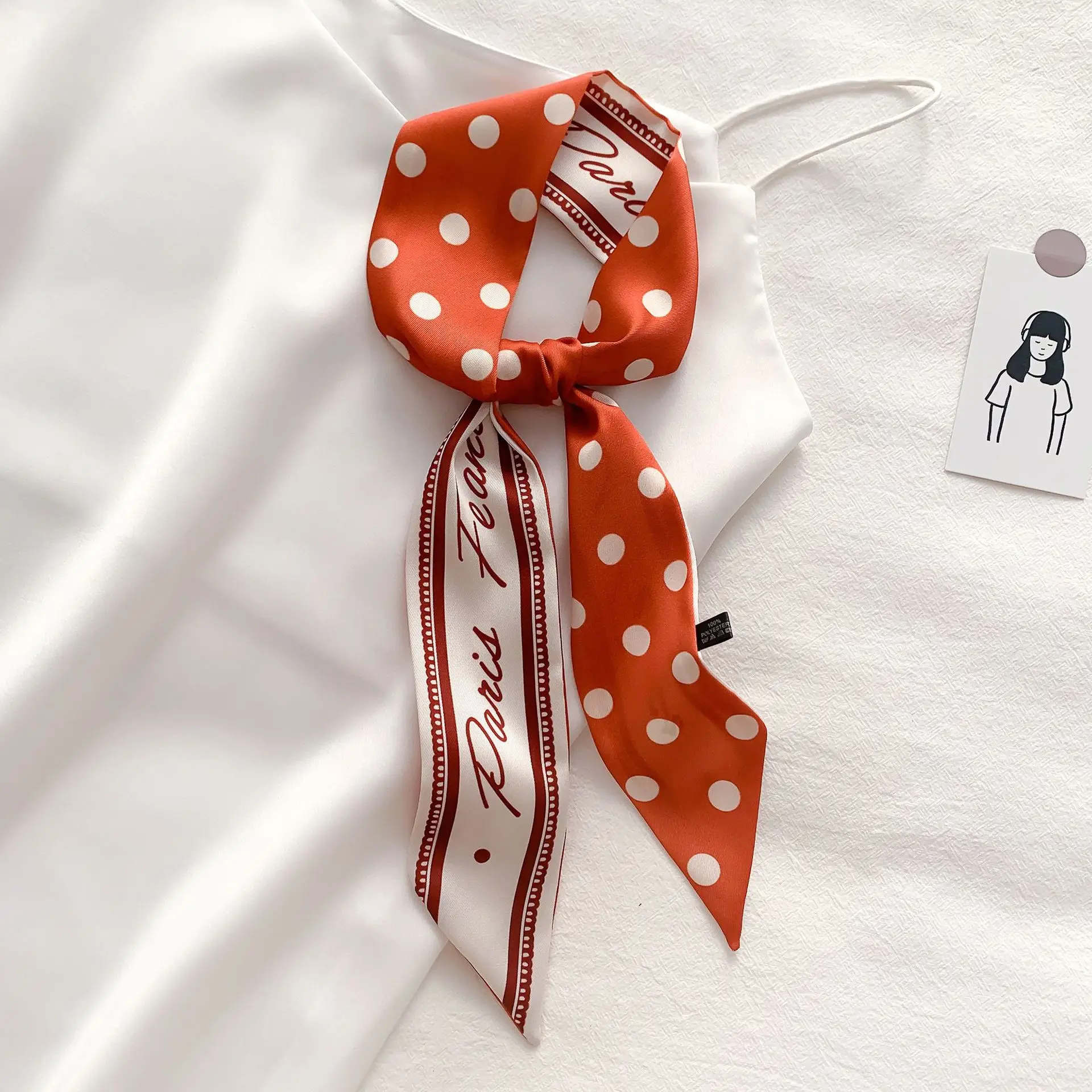 

Korean Version New Sweet Wave Point Small Silk Scarf Women's Thin Narrow Scarf Decorative Hair Band Binding Bag Small Scarf