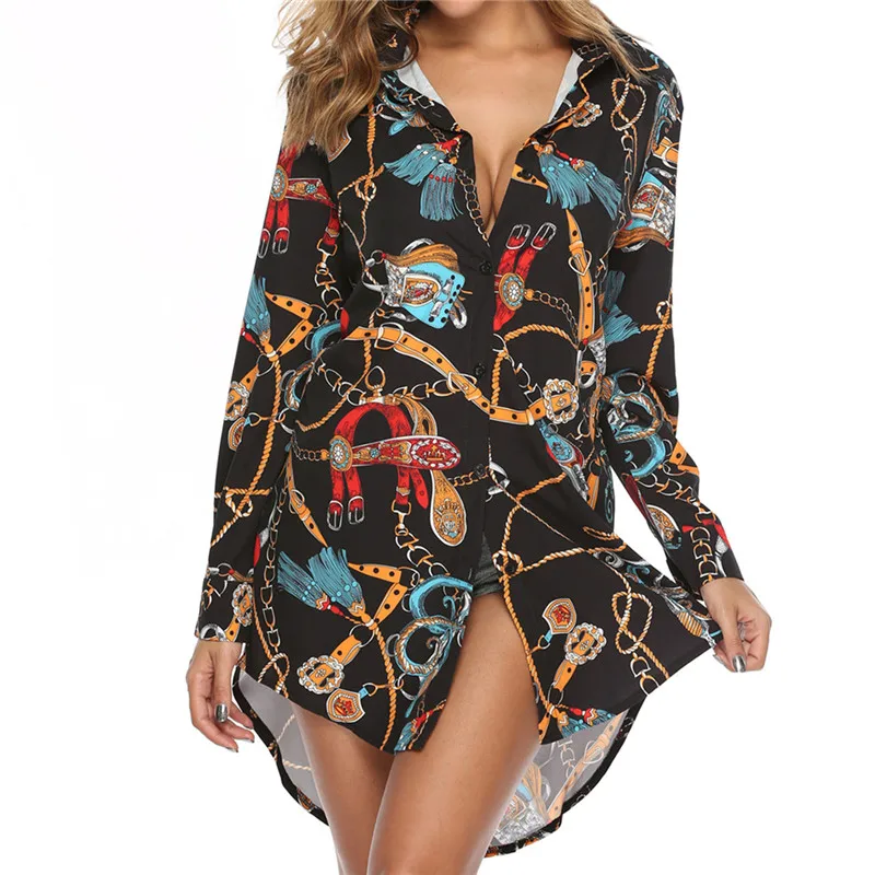 

Black Chain Fashion African Printed dress sexy Women Long Sleeve Turn-Down Casual loose Mini Shirt dress Nightclub dropshipping