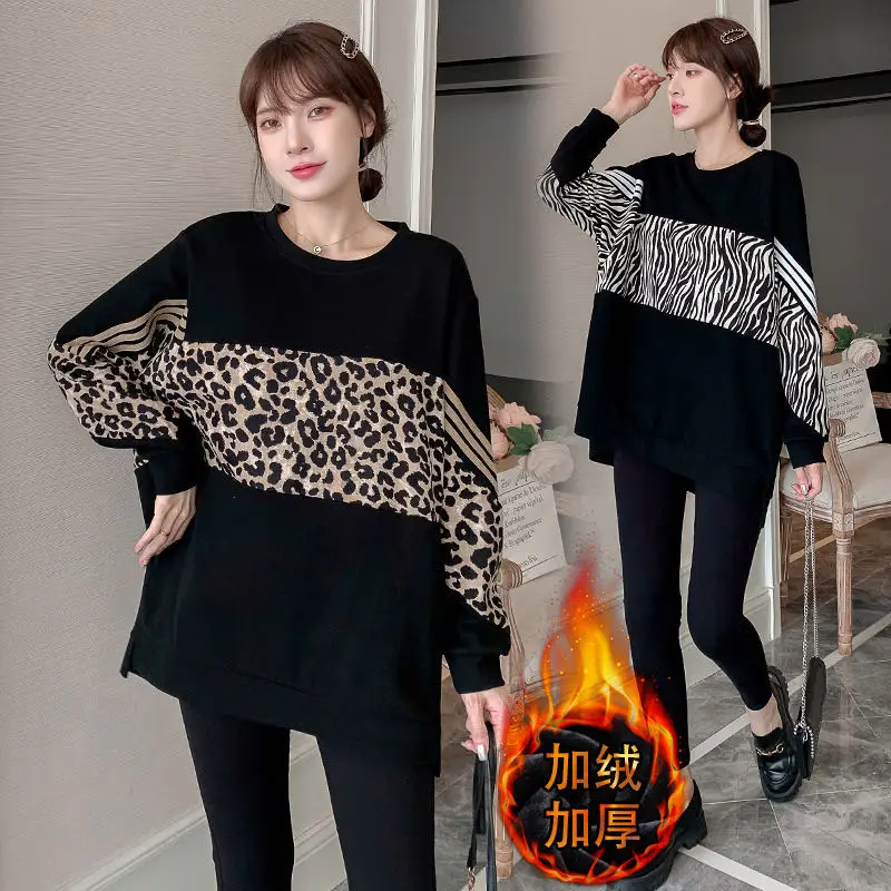 

Fashionable 2020 Tide Tops Winter Thicken Sweater Mid-length Autumn Winter Stitching Leopard Print Long Sleeve Maternity Top