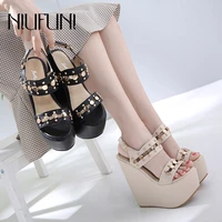niufuni model 17cm thick high heels metal rivet wedge sandals open toe hollow belt buckle women shoes summer fashion pu sandals