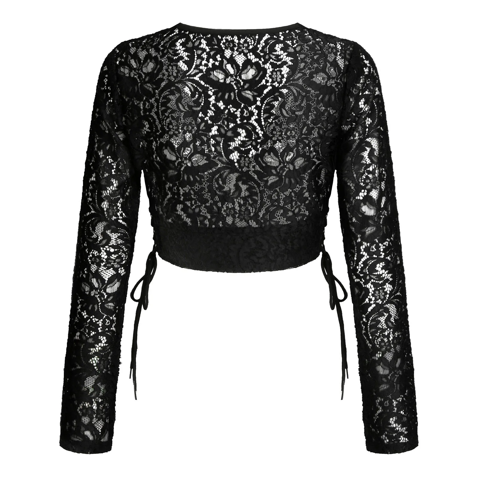 

Shirt Blouse Black Tops Lace-sleeve 2021 Fashion Women Sexy Bandage Floral Lace Hollow Out Long Sleeve V-neck Tops