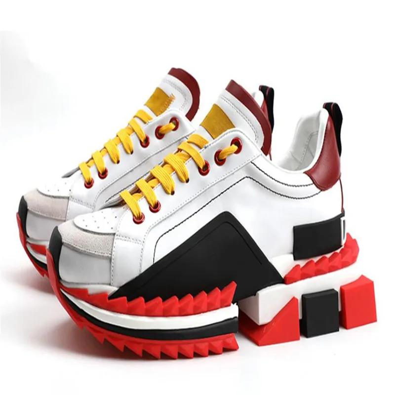 splice color lace-up high quality super king sneakers Genuine Leather with red rubber sole design Height Increasing | Обувь
