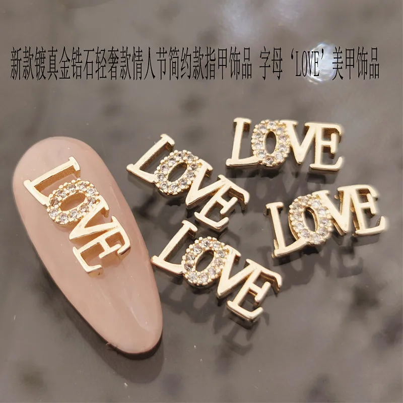 1Pcs/Lot Korea Metal Alloy Nail Art Parts Zircon Rhinestone Valentine's Day Letter Love &quot520" “1314” 3D DIY Accessories Charms -