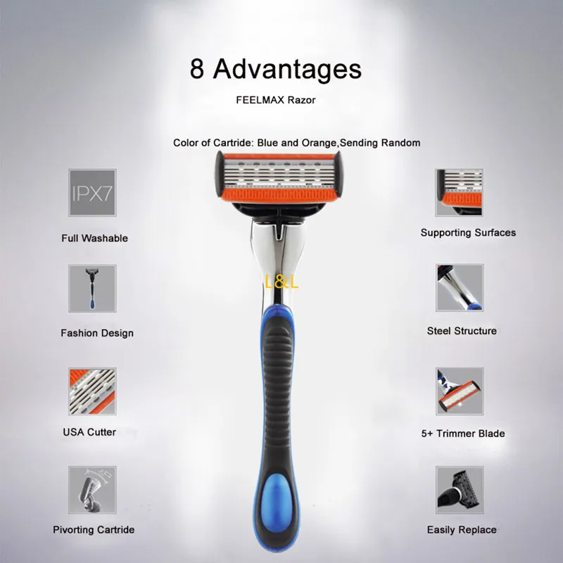 

6 Layers Razor Blades For Men Standard Trimmer 5 +1 Blades 2 Shaver Head and 1 Handle for Mens Shaving Razor
