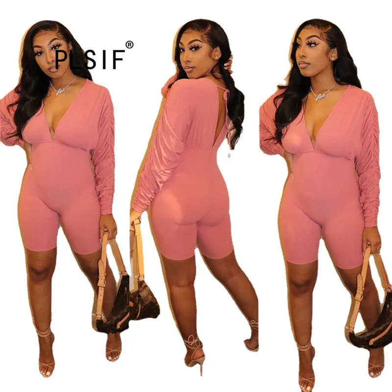 Женский плиссированный комбинезон с длинными рукавами-фонариками и V-образным