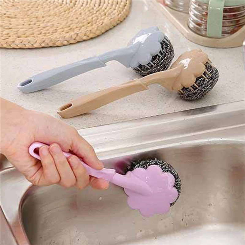 

Long Handle Stainless Steel Wire Ball Brush Kitchen Hanging Cleaning Brush Pan Kitchen Dish Handle Washing Tool