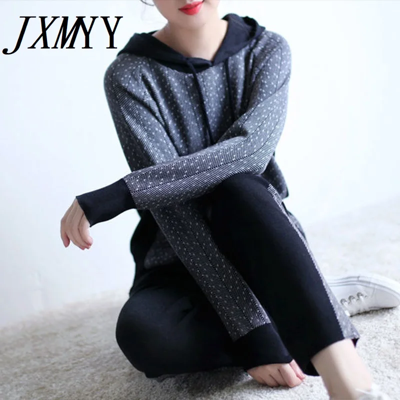 

JXMYY Fashionable Hooded Jacquard Knitted Suit Women's 2021 Autumn New Temperament Top And skirt Two-Piece Trend