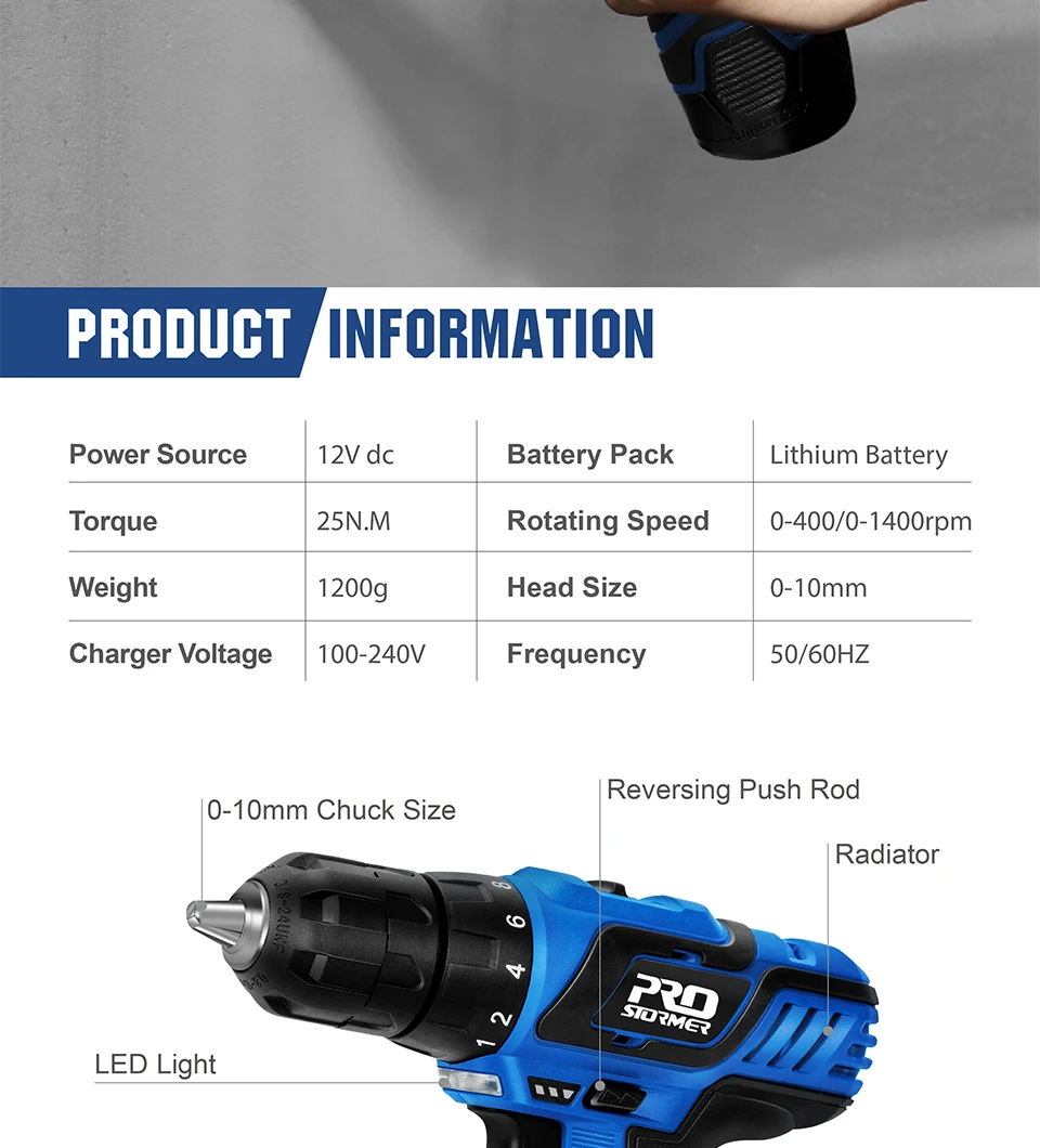 PROSTORMER 12V электрическая Беспроводная отвертка дрель 100 нм электрическое бурение крутящего момента ручная мини-дрель беспроводной электроинструмент