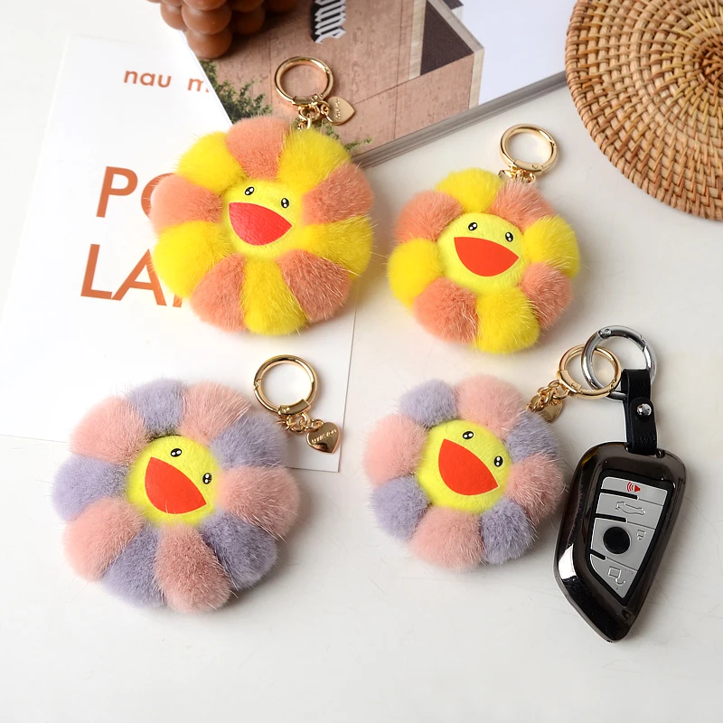 Кольцо с подвеской в виде цветка из 2021 натурального меха норки помпоном для сумки